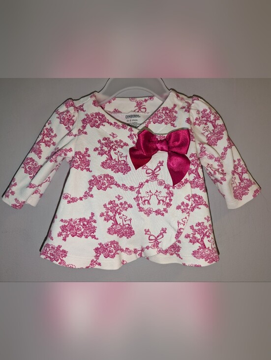 Gymboree Other - 🩷 Gymboree Bonjour Bebe White & Pink Toile Satin Bow Swing Top Baby Girls 0-3